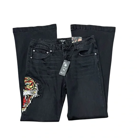 Y2K Ed Hardy Women's Biker Chic Black Denim Tiger head Slim Flare Jean Size: 30 - Picture 10 of 12